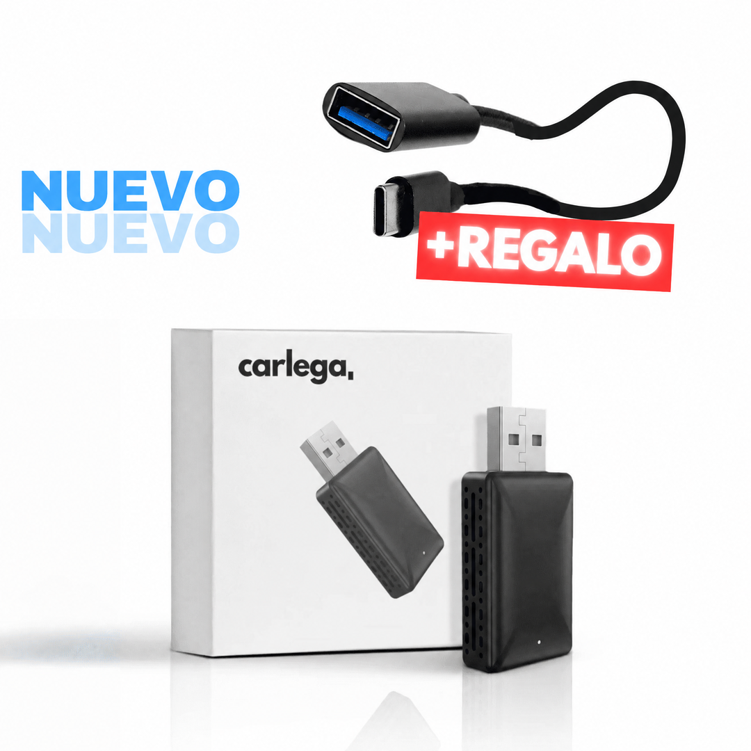 Adaptador CarPlay y Android Auto inalámbrico Carlega Pen con su caja y adaptador USB-C de regalo