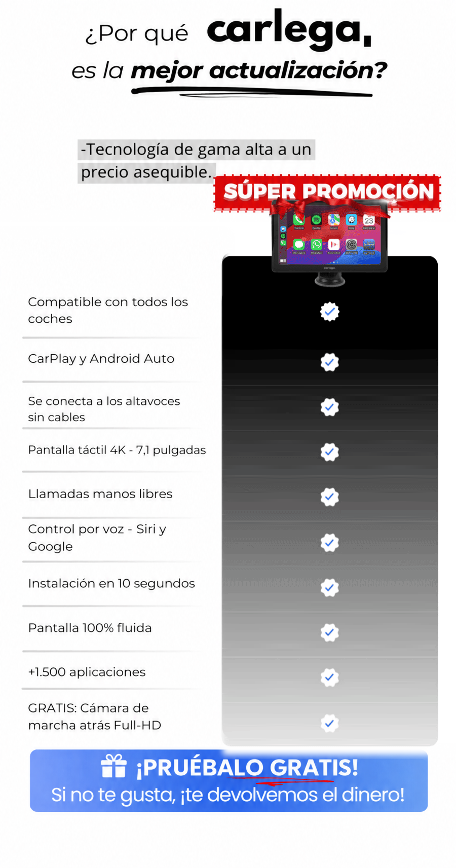 Tabla comparativa: por qué la pantalla Carlega X es la mejor actualización, pantalla táctil 4K de 7,1 pulgadas y cámara de marcha atrás gratis