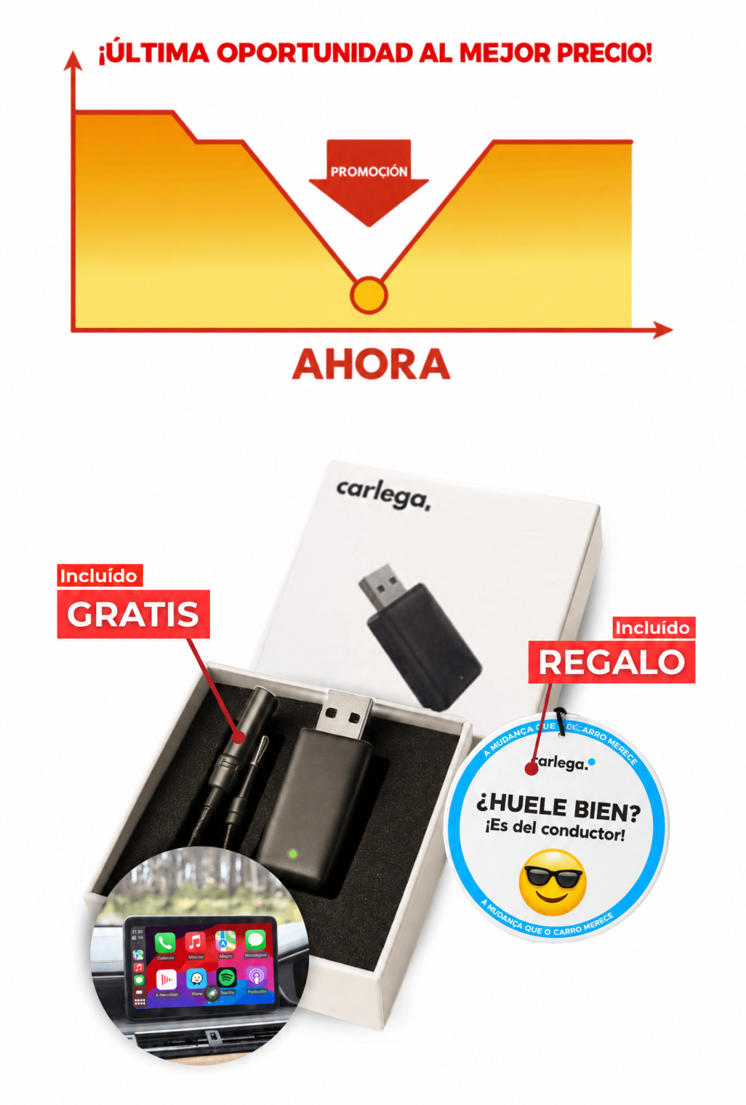 Adaptador CarPlay Carlega Pen en caja con cable gratis y ambientador de regalo: última oportunidad al mejor precio