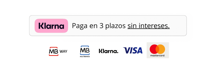 Paga en 3 plazos sin intereses con Klarna; aceptamos Visa, Mastercard, Klarna y Multibanco