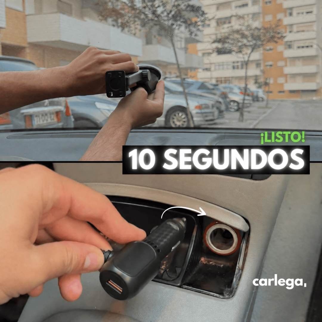 Instalación de la pantalla Carlega X en 10 segundos: ventosa al parabrisas y cargador al mechero